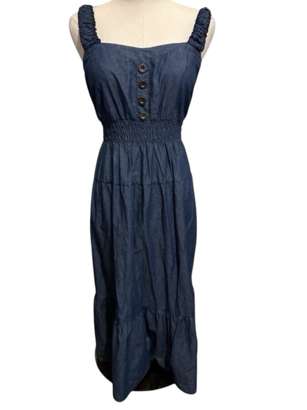 Indigo & Lace Denim Smocked Tiered Midi Sun Dress Coastal Cowgirl Western Size M